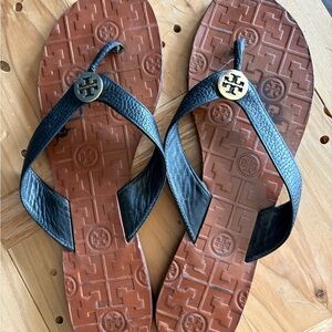 Tory Burch Black & Brown Leather Flip Flops